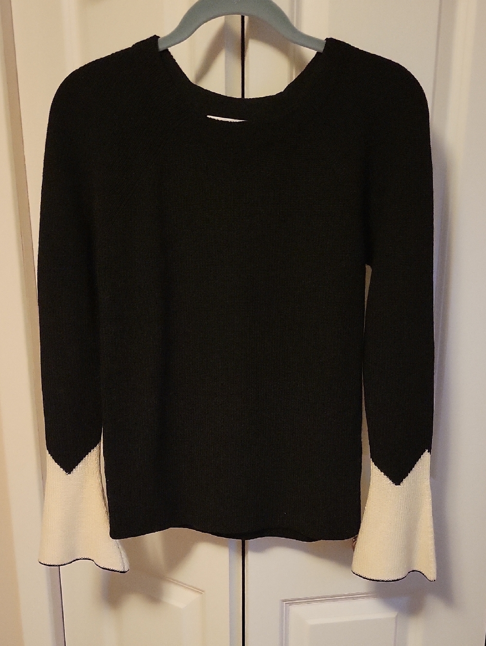 Sonia Rykiel Black Crewneck Sweater with Cream Flared Cuffs